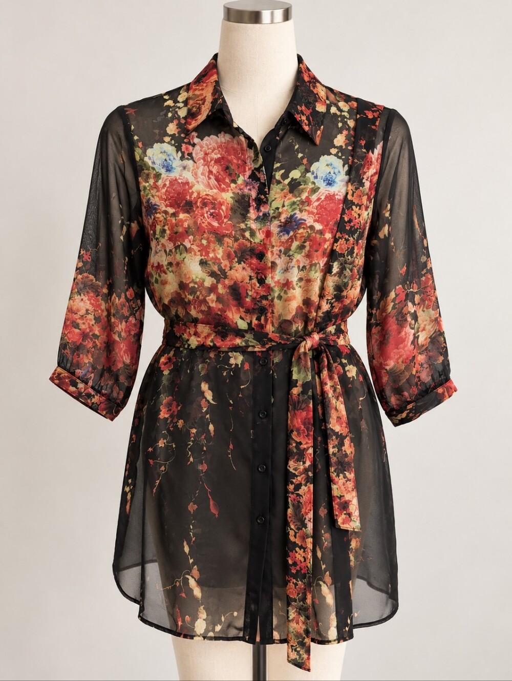 Tristan Black Sheer Floral Belted Tunic Blouse – Size P/S